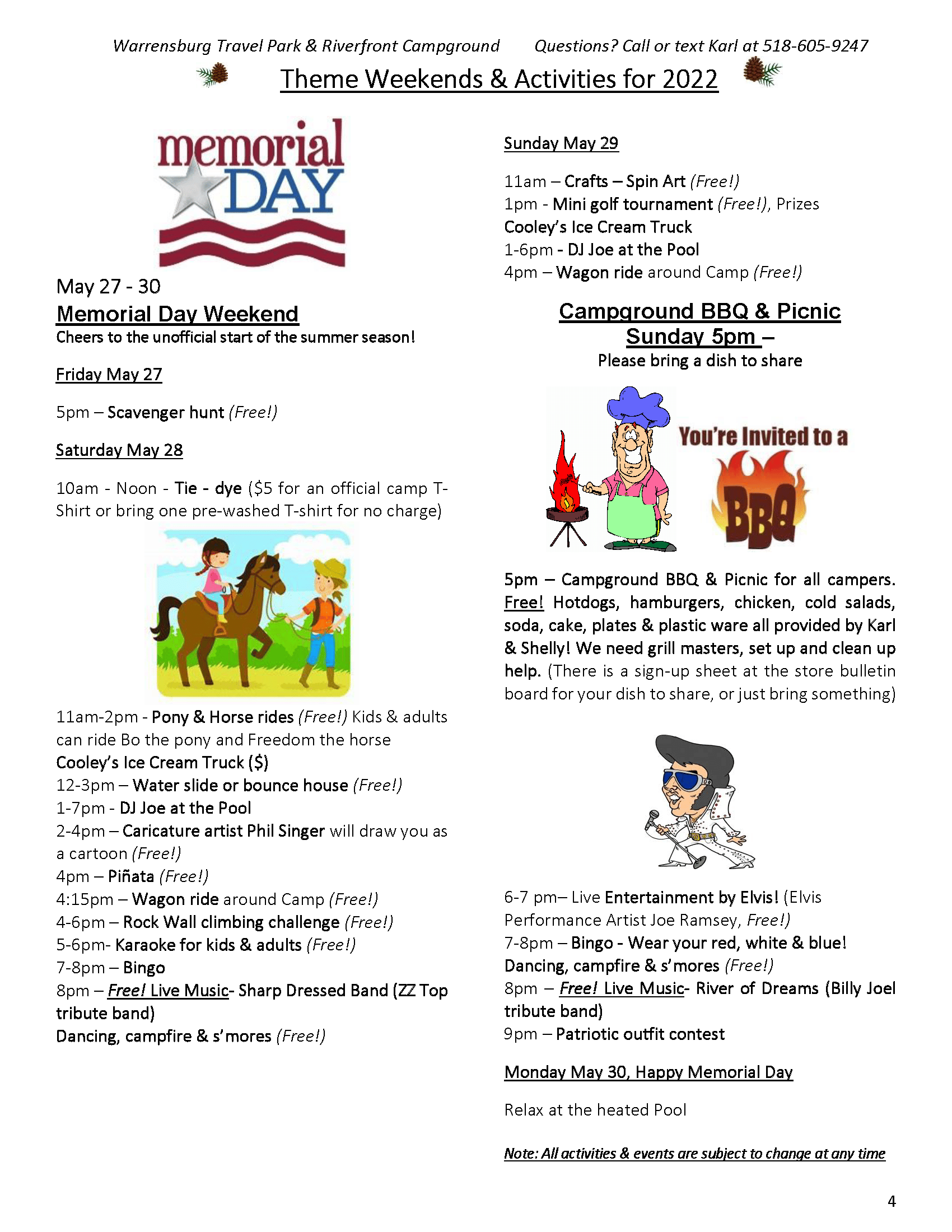 2022 Activities & Calendar Of Events - Warrensburg Travel Park & Riverfront Campground