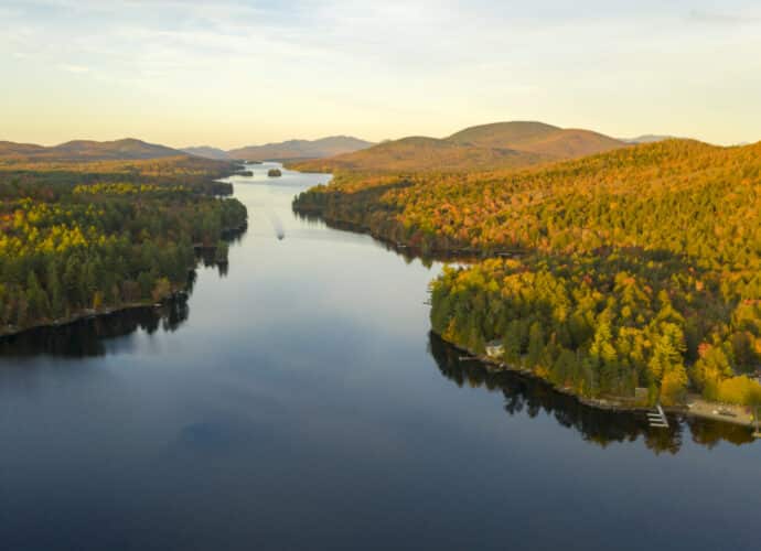 Aerial View Over Long Lake Adirondack Park Mountains New York