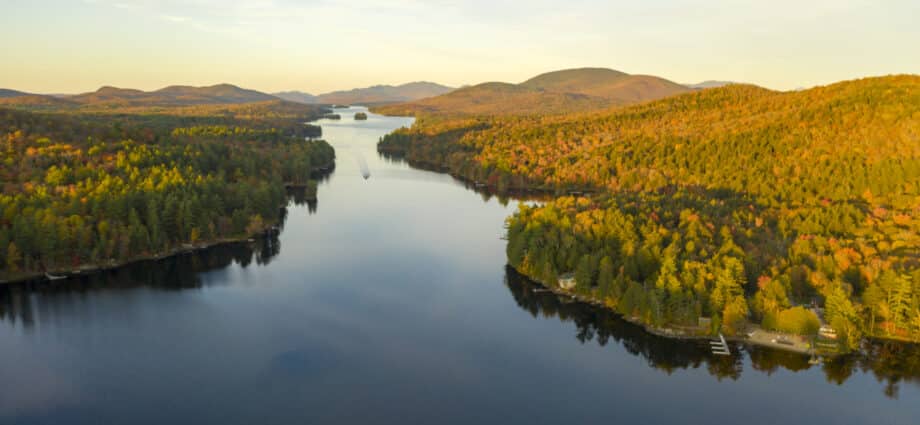 Aerial View Over Long Lake Adirondack Park Mountains New York